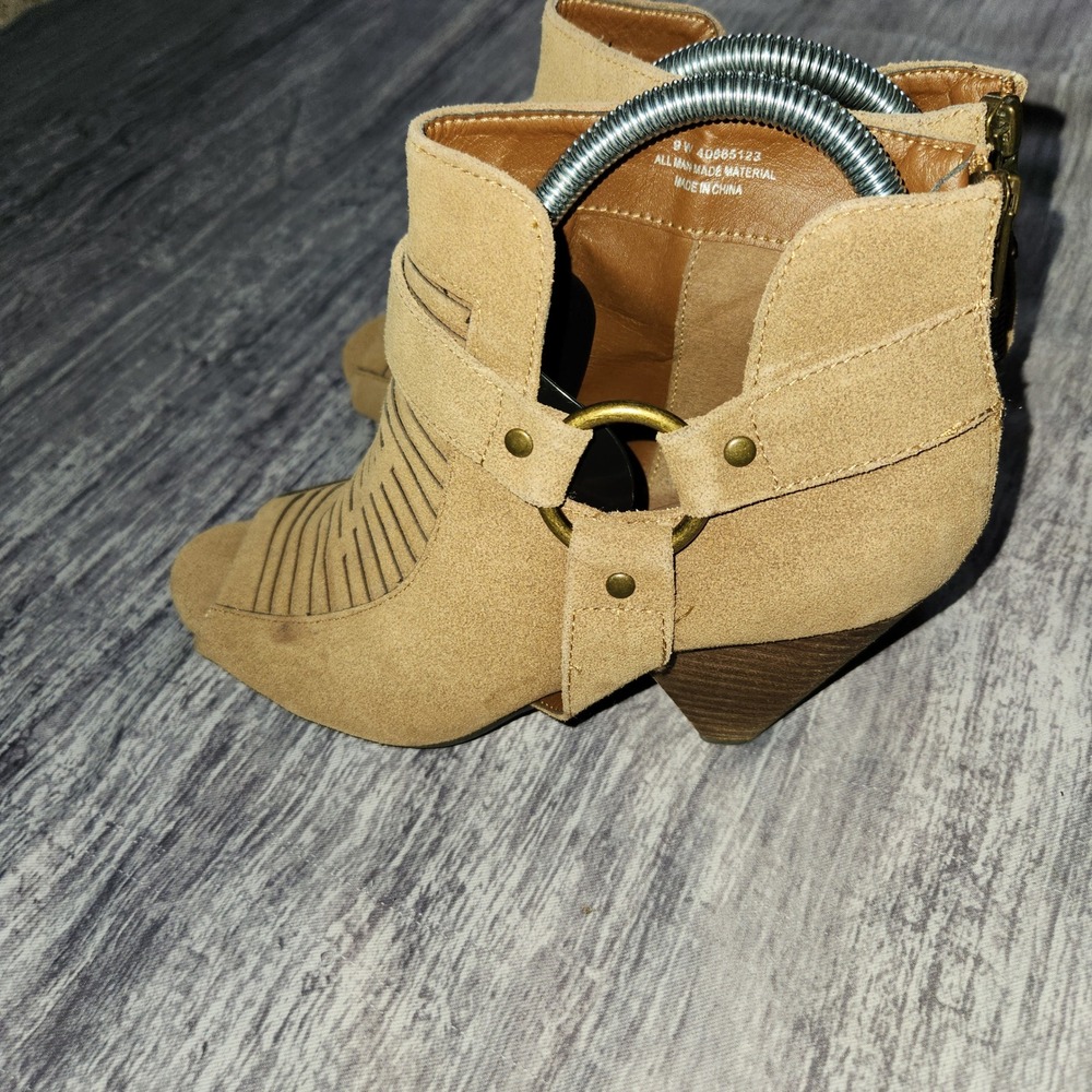 Wedge Heel Booties Open Toe Faux Suede Ankle Boots Tan Wide Width 9W Gold Accent - Picture 4 of 14